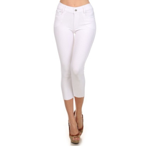 Pants - Women's Skinny Capri Jeggings Stretchy Solid White